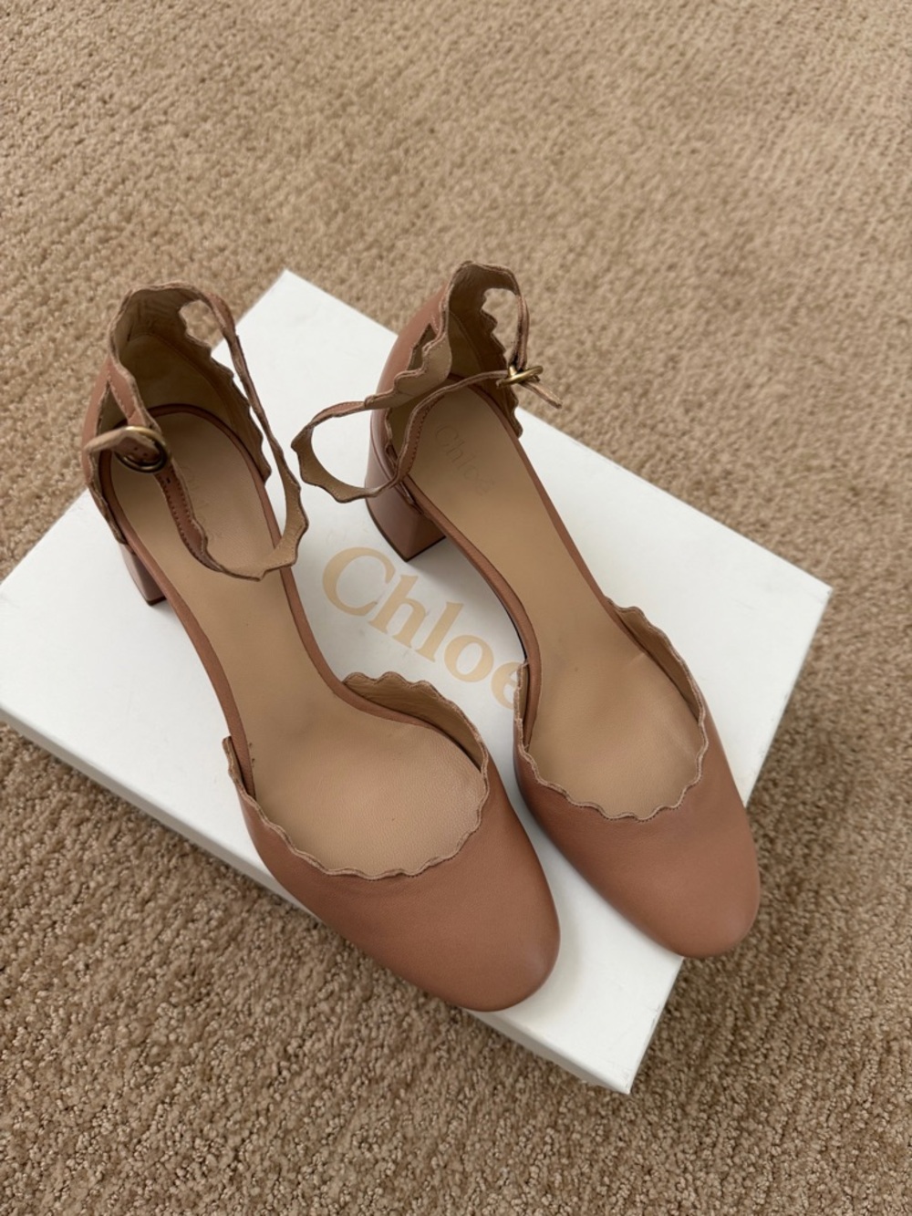 Chloe Scalloped Ankle-Strap Block Heels in Tan